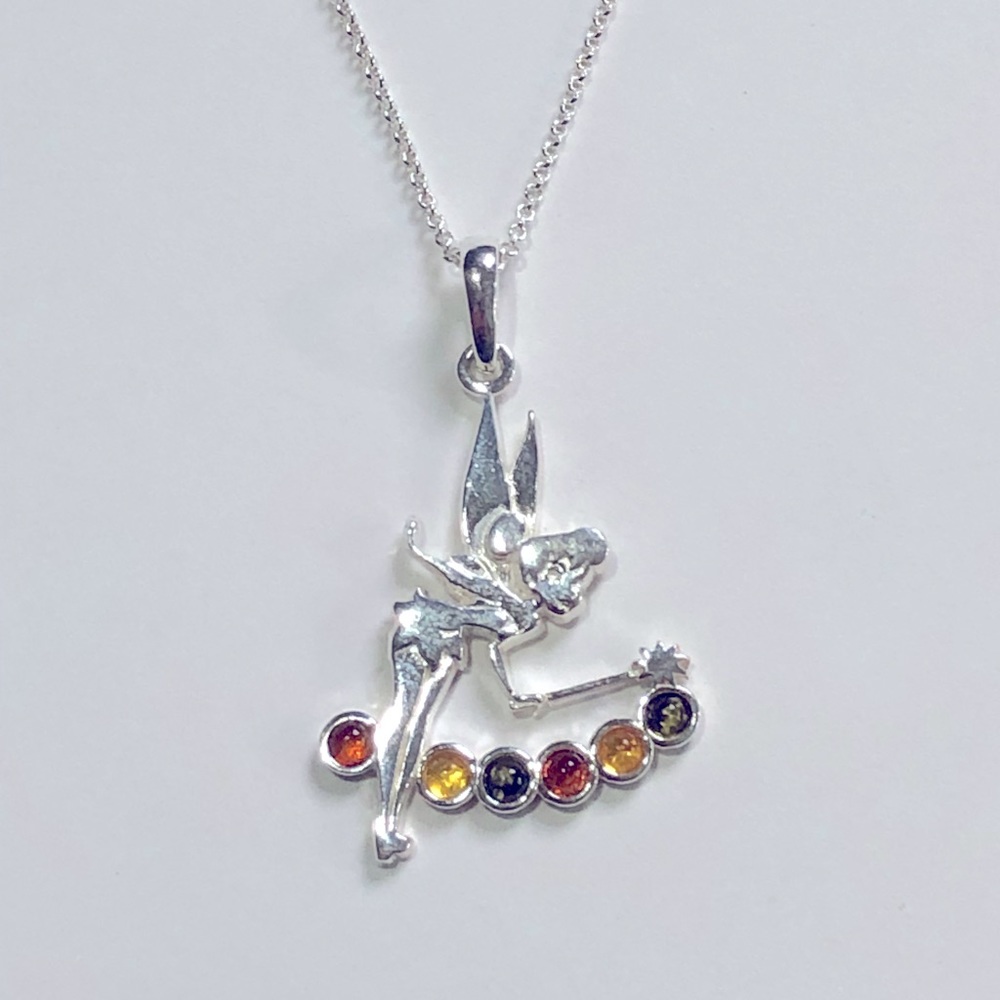 Silver Tinker Bell with amber necklace.